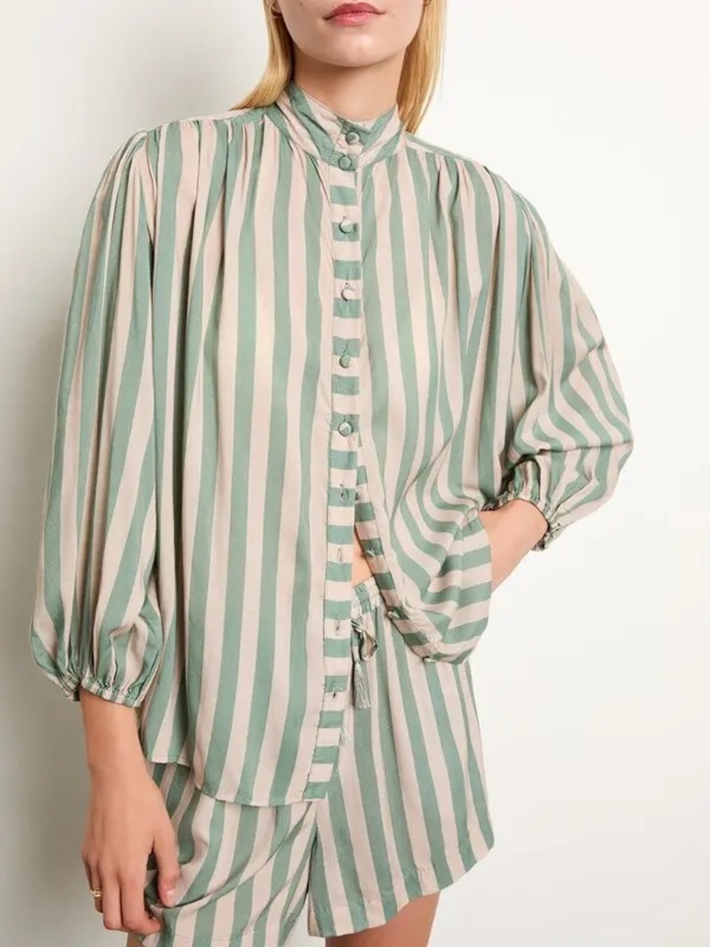 NWT Natalie Martin Tolan Shirt Jade Thick Stripe Button Front Blouse Medium
